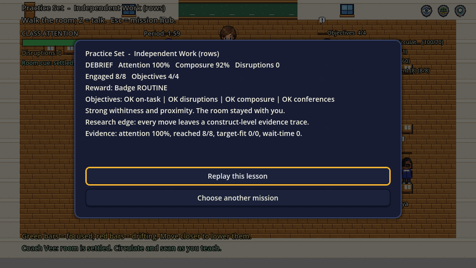 Overworld lesson debrief panel