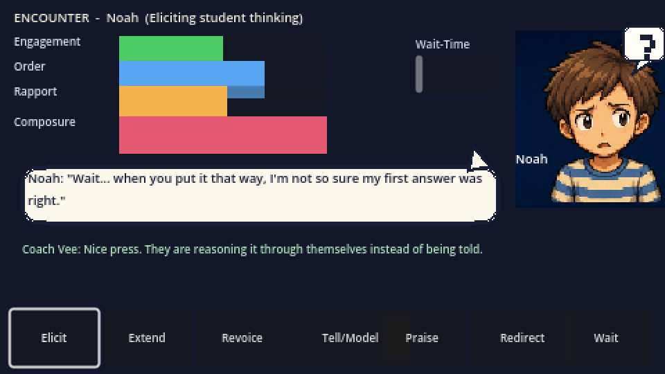 Encounter screen: meters, speech bubble, teaching moves